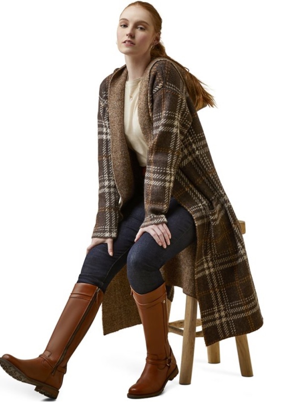 Ariat Women’s Plaid Hooded Duster Cardigan Coatigan Brown Cream Size M NWOT